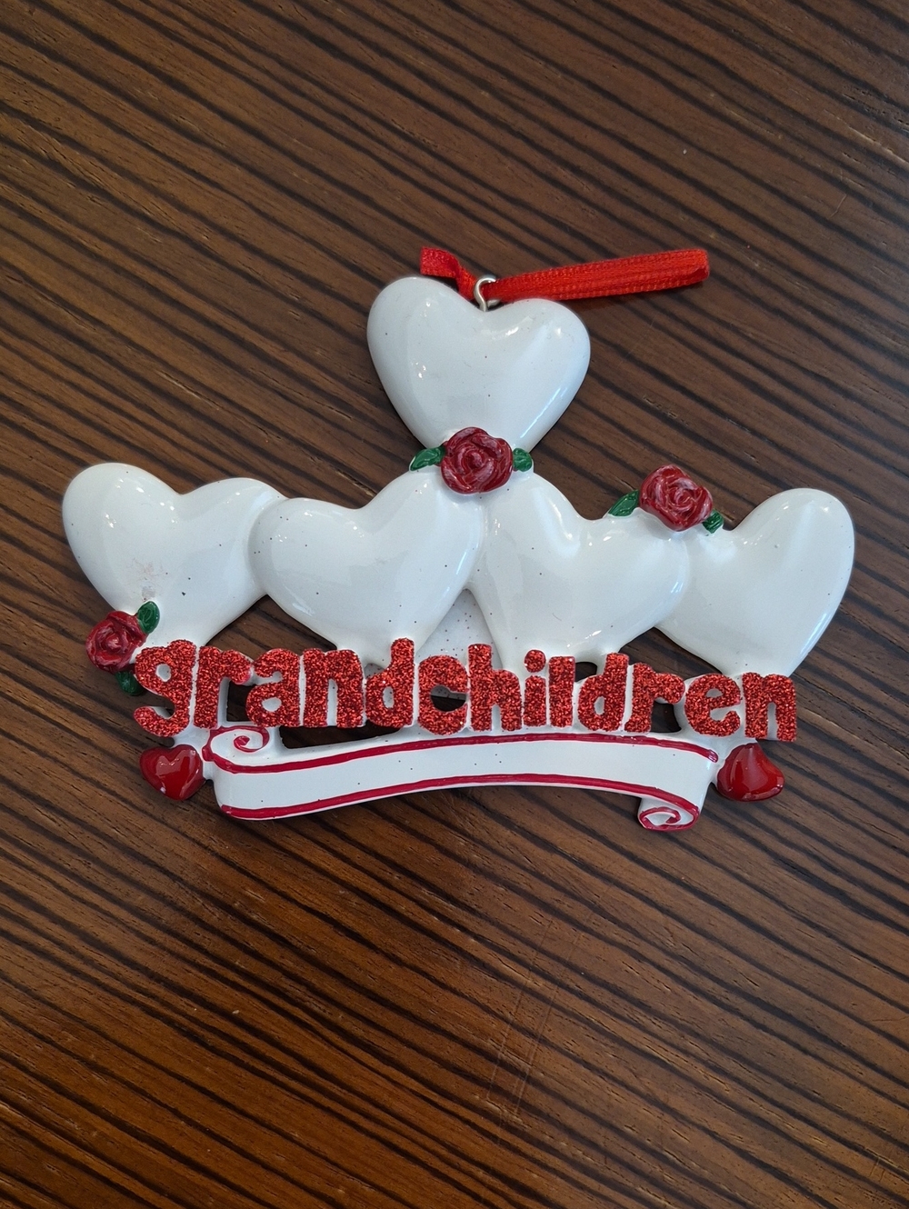 New Grandchildren Heart Ornament - White and Red Holiday Decor